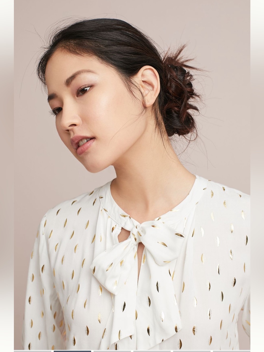 Anthropologie Gallerist Blouse White Tie-Neck with Gold Foil Detail
